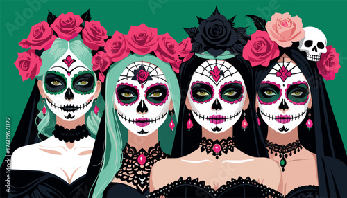 Elegant Día de los Muertos Catrinas with Floral Crowns