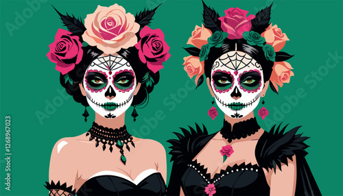 Elegant Día de los Muertos Catrinas with Floral Crowns