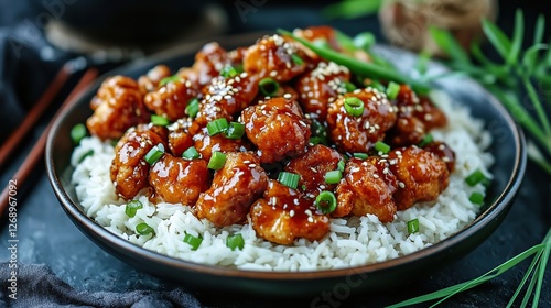 Golden crispy General Tso's Chicken glazed with sweet and sour sauce, garnished with green onions, served with steamed jasmine rice