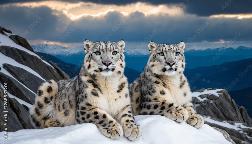 Fototapeta premium A pair of endangered snow leopards resting on a snowy mountain ledge, their thick fur blending into the icy environment under a dramatic sky