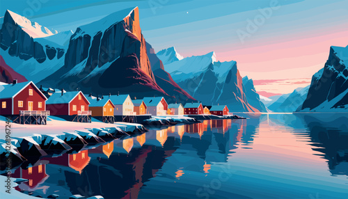 Scenic Nordic Village by Fjord at Sunset