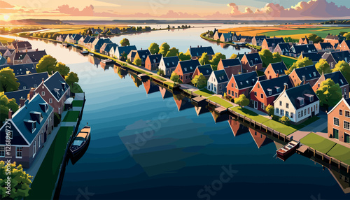 Picturesque Dutch Canal Village at Sunset