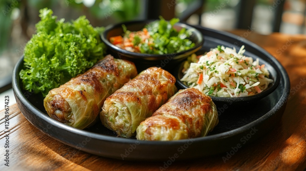 A plate featuring grilled cabbage rolls, fresh greens, and salads, showcasing a delicious meal. A plate featuring grilled cabbage rolls, fresh greens, and salads, showcasing a delicious meal.