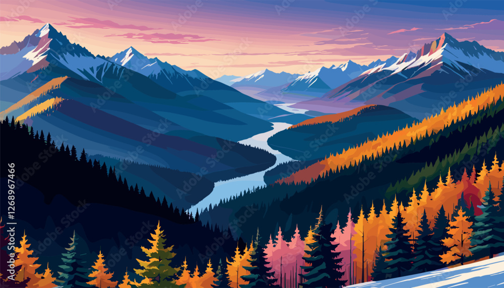 Obraz premium Stunning Mountain Valley with Autumn Foliage at Sunset