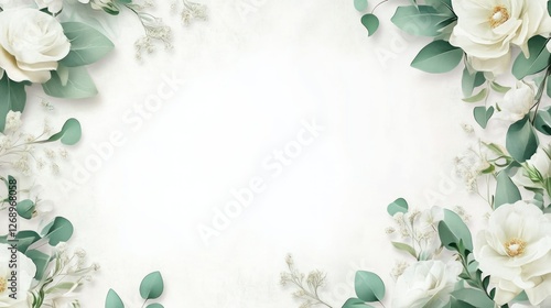Elegant white flowers and greenery frame, blank space background