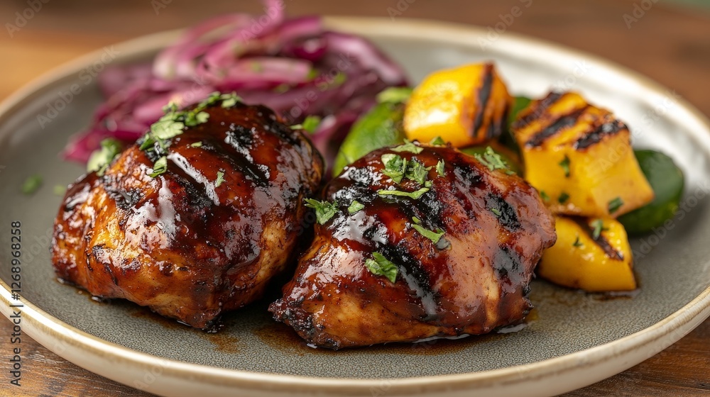 A plate featuring grilled chicken, sautéed vegetables, and red onions in a savory glaze. A plate featuring grilled chicken, sautéed vegetables, and red onions in a savory glaze.