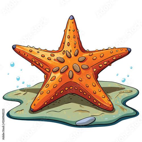 Create a highly detailed vector illustration of a starfish resting on a vibrant coral reef, showcasing intricate textures and realistic colors.