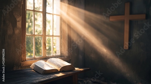 Sunlit bible on wooden table near window with warm glow and wall cross in tranquil room