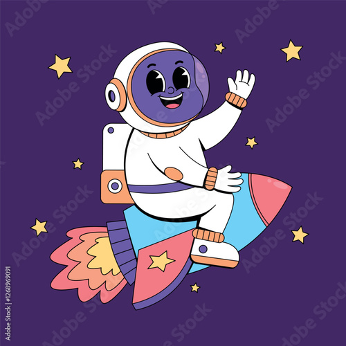 Cartoon astronaut riding rocket