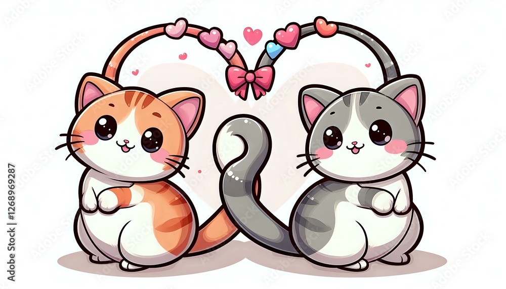 Obraz premium Adorable Cartoon Kittens Holding Paws with Heart Background 