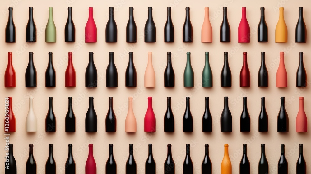Perfectly aligned rows of wine bottles on display in a wine shop, organized by region and grape variety, creating an aesthetically pleasing presentation. Perfectly aligned rows of wine bottles on display in a wine shop, organized by region and grape variety, creating an aesthetically pleasing presentation.