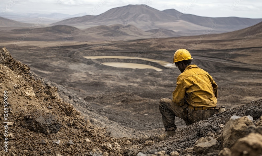 Miner looks over a vast desolate landscape. Miner looks over a vast desolate landscape.