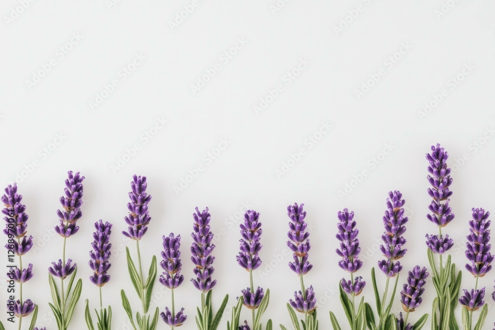 Naklejka premium Beautiful lavender flowers arranged on a white background, showcasing vibrant purple hues and fresh greenery, perfect for wellness and relaxation concepts