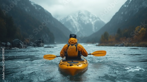 Obraz na płótnie Whitewater kayaking on a mountain river is an extreme activity. w salonie