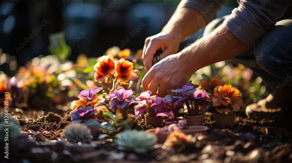 Detailed view of a gardener s hands planting flowers in a well organized urban garden setting Detailed view of a gardener s hands planting flowers in a well organized urban garden setting