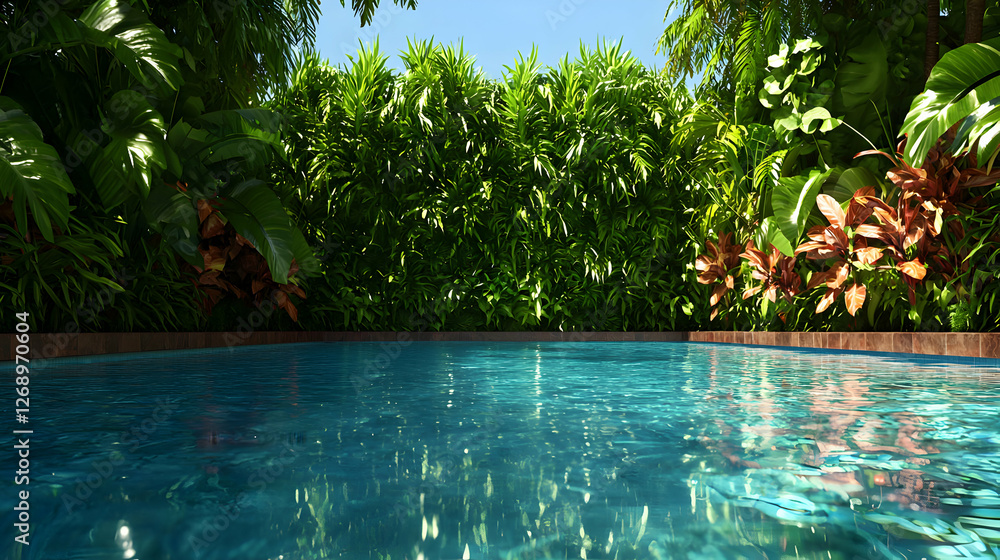 Serene Swimming Pool Water Surrounded by Green Foliage with Vibrant Reflections Under a Sunny Sky Serene Swimming Pool Water Surrounded by Green Foliage with Vibrant Reflections Under a Sunny Sky