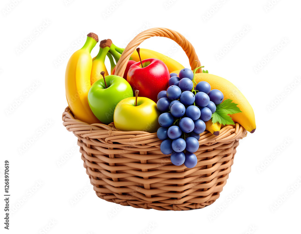 A Beautifully Arranged Fruit Basket Featuring Bananas, Apples, Grapes, and More for Delicious Snacking A Beautifully Arranged Fruit Basket Featuring Bananas, Apples, Grapes, and More for Delicious Snacking