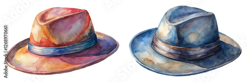 Watercolor hats, artistic illustration, vibrant colors, stylish design, fashion accessories, creative artwork, unique textures.