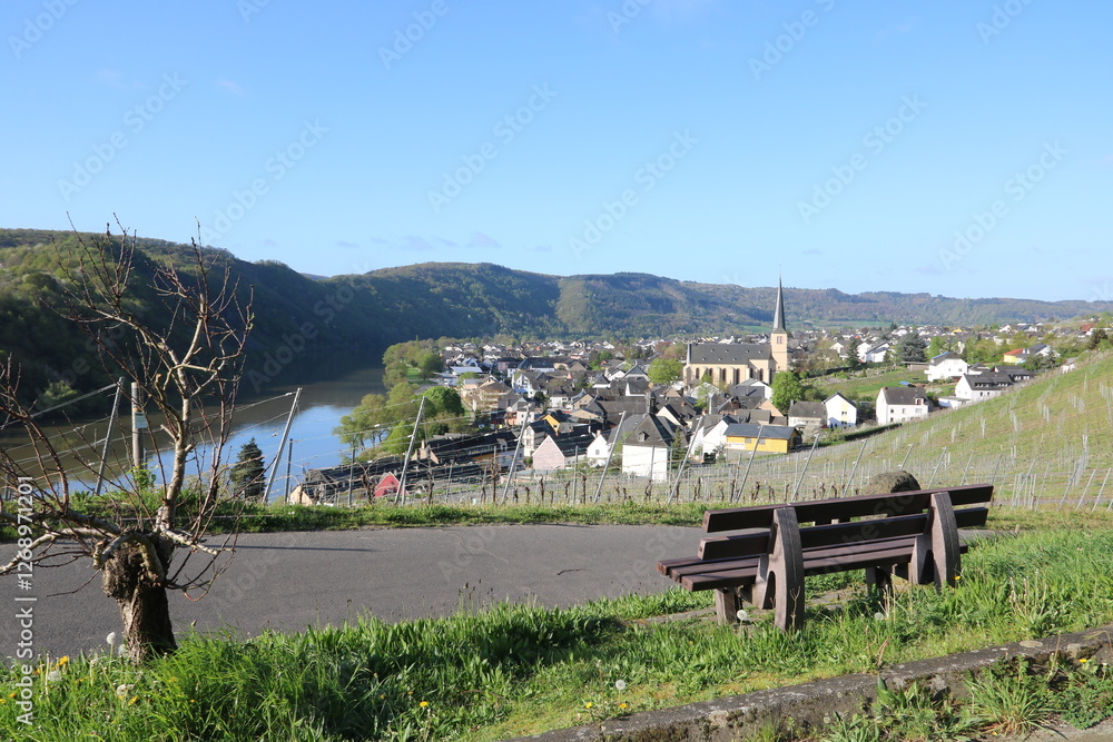 Φωτογραφία Bank im Weinberg von Kröv mit Blick auf das Weindorf und die Mosel im Moseltal
