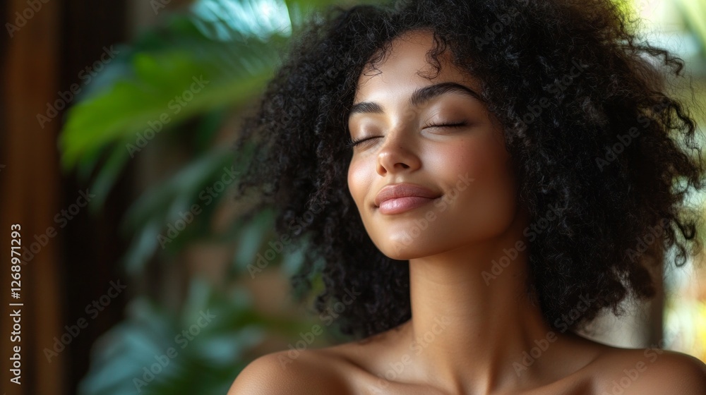 With eyes closed and a gentle smile, a woman relaxes in a lush indoor garden, embracing the calmness of nature. Sunlight filters through greenery, creating a soothing ambience With eyes closed and a gentle smile, a woman relaxes in a lush indoor garden, embracing the calmness of nature. Sunlight filters through greenery, creating a soothing ambience