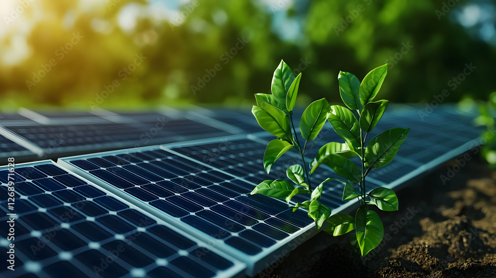 Fototapeta premium Solar Panels with Sprout Plants Representing Renewable Energy Source Under Sunny Sky
