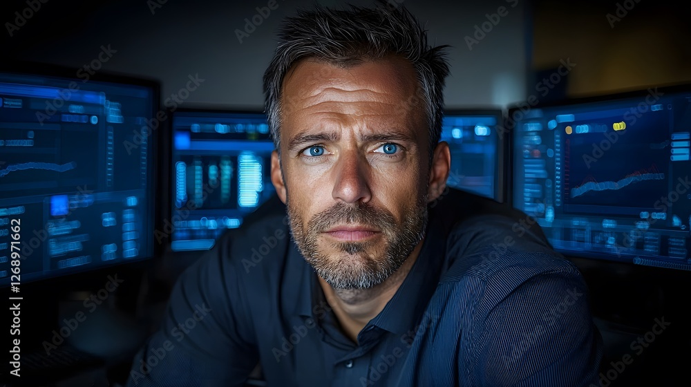 Market analyst focusing on financial trends office environment portrait photography dimly lit space close-up perspective data-driven insights Market analyst focusing on financial trends office environment portrait photography dimly lit space close-up perspective data-driven insights