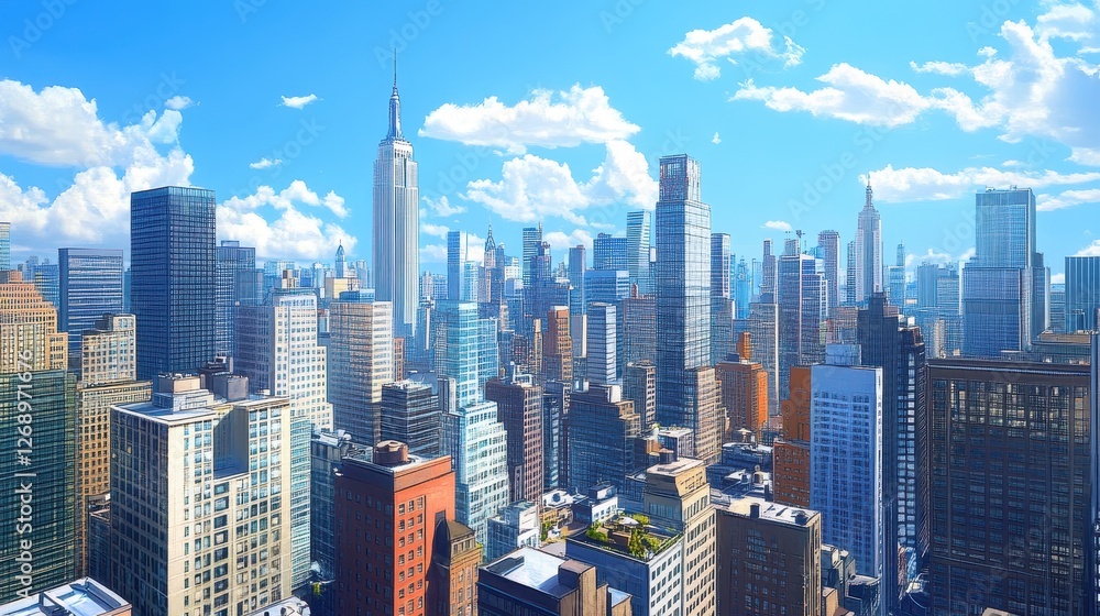 Fototapeta premium A panoramic view of a bustling city skyline, tall buildings stretching into the sky, clear weather, bright and sharp urban details 