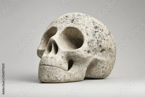 Carved stone skull is displayed against a plain background