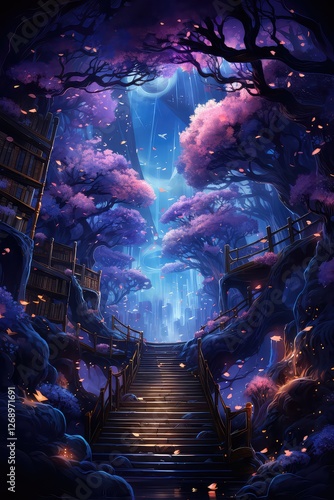A beautiful landscape of a fantasy city with a castle, and trees