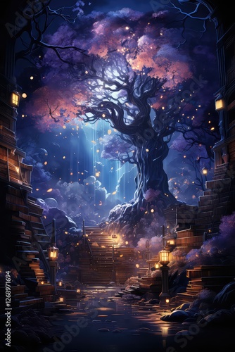 A beautiful landscape of a fantasy city with a castle, and trees