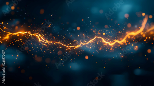 Striking Orange Lightning Bolt with Dynamic Energy on a Dark Blue Abstract Background
