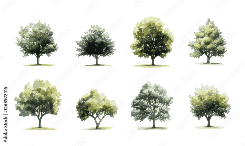 Fototapeta premium Botanical Vector Elements collection of watercolor style vectors featuring blooming trees, and forests, ideal for environmental and garden designs