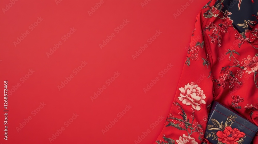 A vibrant red background with a floral patterned garment, showcasing cultural attire. A vibrant red background with a floral patterned garment, showcasing cultural attire.
