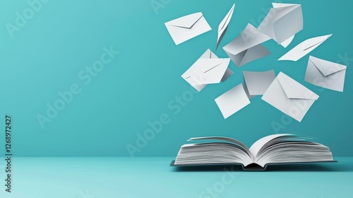 Open book with flying envelopes on a turquoise background
