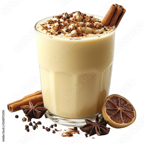 Eggnog with cinnamon stick isolated on transparent background