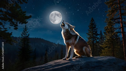 Mystical wolf howling at radiant full moon enchanted night forest scene