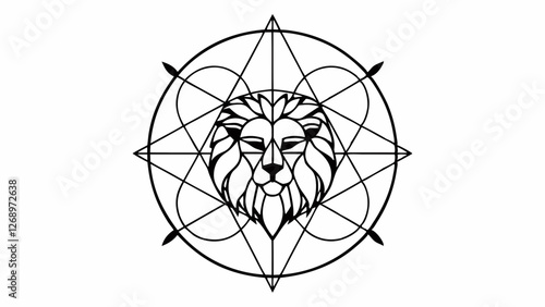 A geometric line art of a lion’s head composed of symmetrical shapes and clean lines, vector illustration of a decorative ornament