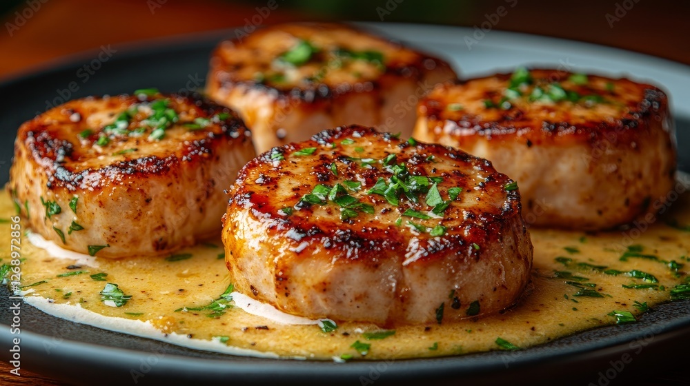 Medallions of contemporary barbecued pork filets in cream sauce Medallions of contemporary barbecued pork filets in cream sauce