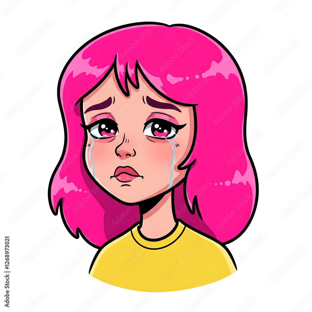 Sad cartoon character with teary eyes, full lips, melancholic expression, transparent background Sad cartoon character with teary eyes, full lips, melancholic expression, transparent background