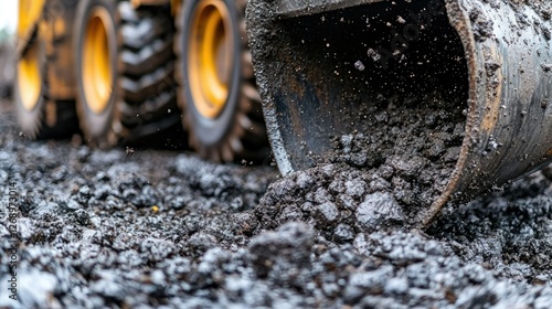 Heavy machinery dumps asphalt during road construction