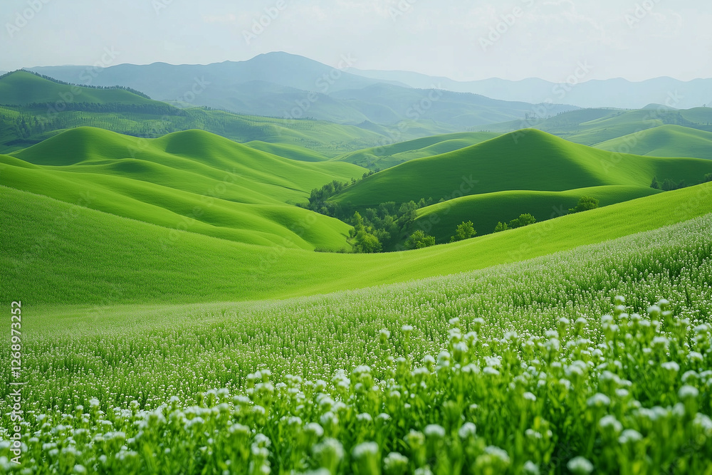Green rolling hills landscape with blue sky and clouds Green rolling hills landscape with blue sky and clouds