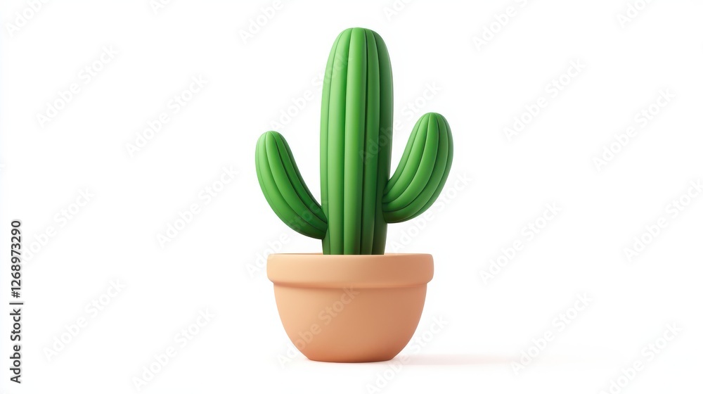 Green Cactus in Simple Pot Against White Background Green Cactus in Simple Pot Against White Background