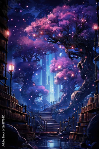 A beautiful landscape of a fantasy city with a castle, and trees