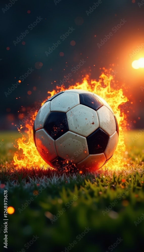 Naklejka premium Football field ablaze with blazing soccer ball , inferno, fire
