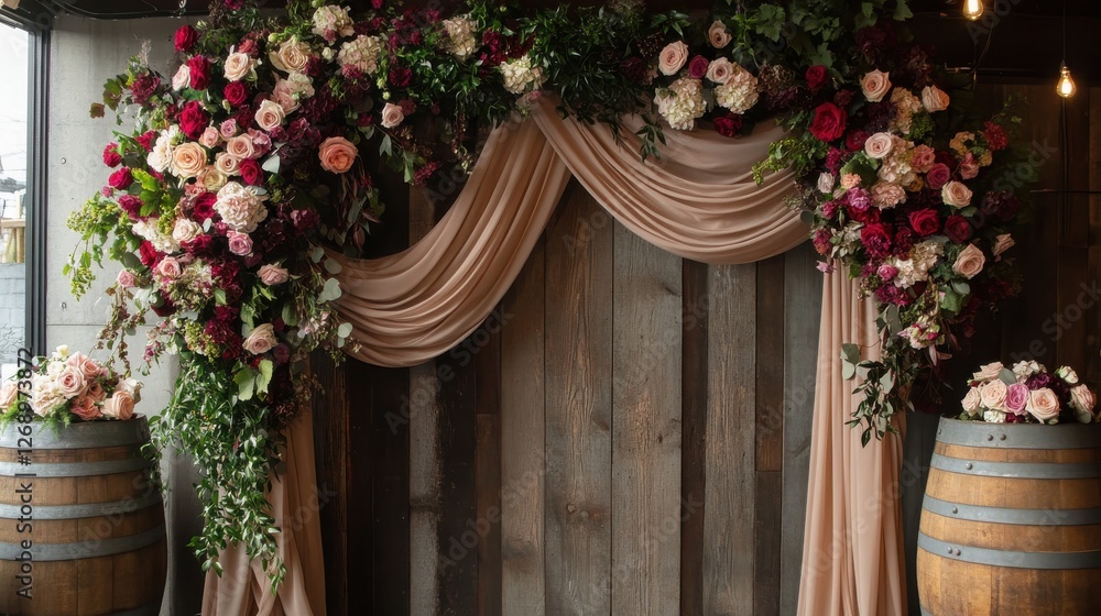 Elegant Floral Arch with Drapes for Wedding or Event Decoration Elegant Floral Arch with Drapes for Wedding or Event Decoration