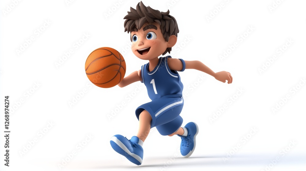 3D cartoon teenage basketball player bouncing the ball isolated white background 3D cartoon teenage basketball player bouncing the ball isolated white background