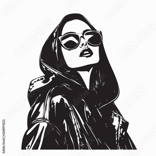 Beautiful Female Model Wearing a Stylish Raincoat in a Vector Illustration