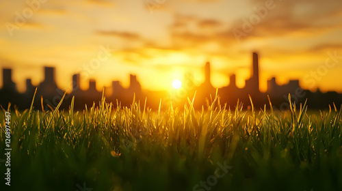 Vibrant Golden Sunset Over City Skyline with Green Grass in the Foreground and a Blurred Cityscape Background