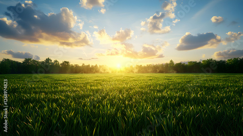 Vibrant Green Grass Field Meeting Warm Sunset Light Under Cloudy Sky