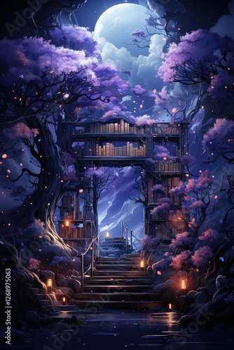 A beautiful landscape of a fantasy city with a castle, and trees